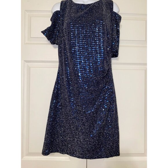 Sequin Cold Shoulder Dress Short Sleeve Blue & Black Sparkle Party Outfit Womens - Picture 1 of 6